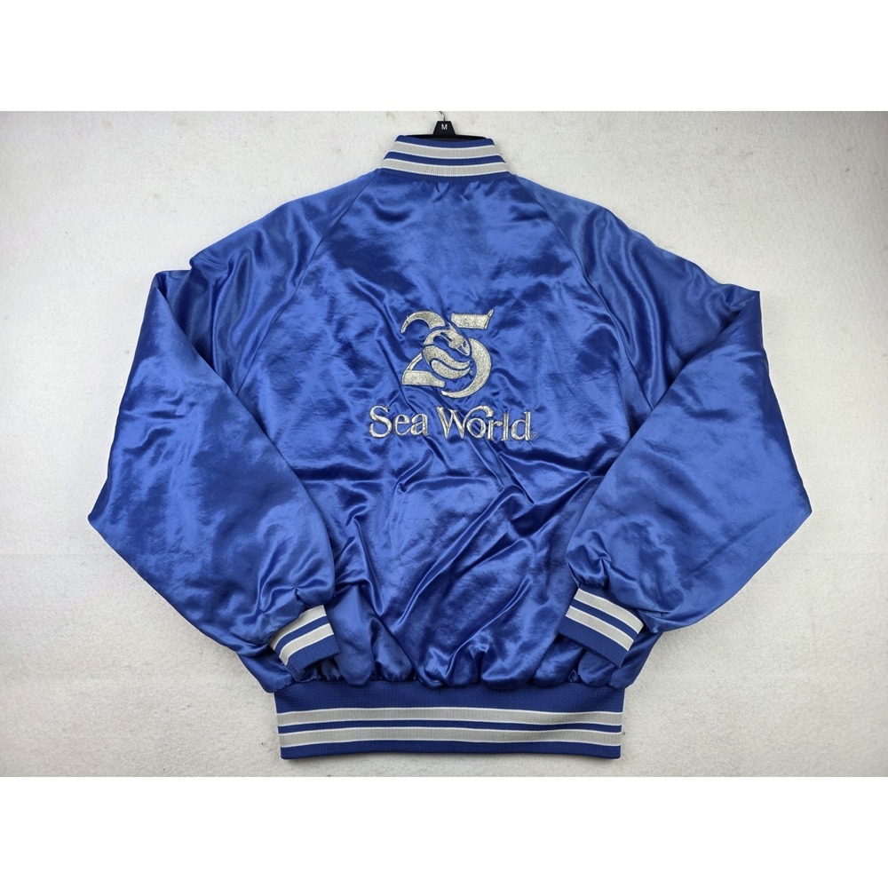Vintage Sea World Blue Satin Bomber Jacket‎ 25th Anniversary Embroidered USA L